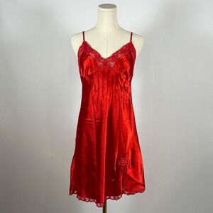 Red Satin Lace Trim Slip Dress Nightgown Lingerie